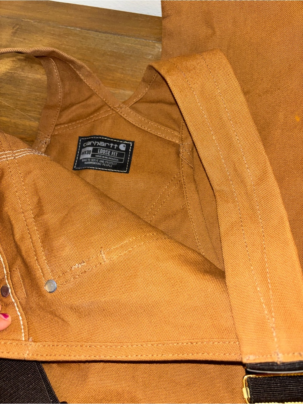Carhartt Brown Bib Overalls Loose Fit Carpenter Workwear Duck Canvas Size 44x30 - Picture 3 of 5